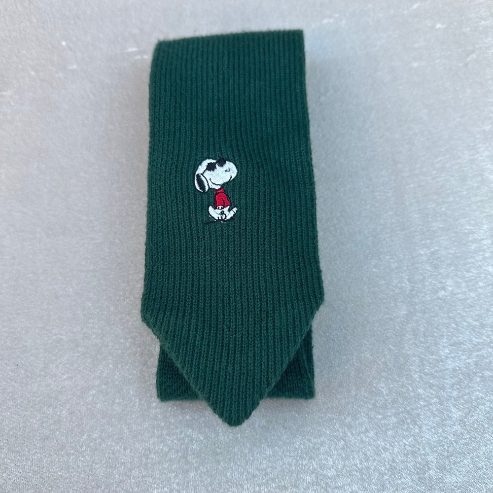 Vintage Peanuts Snoopy Knit Tie Green Embroidered 57" Slim 3" Necktie